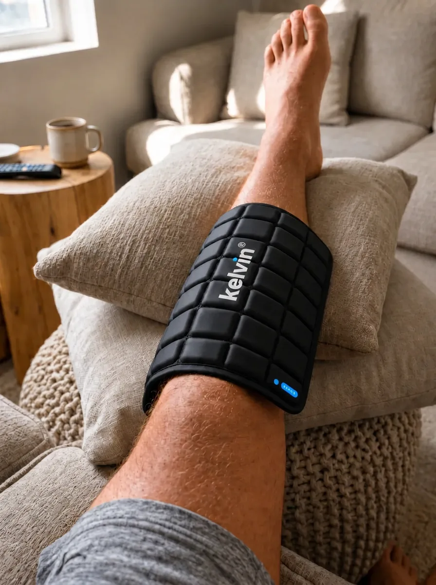Kelvin® pad worn on a calf at home on the sofa