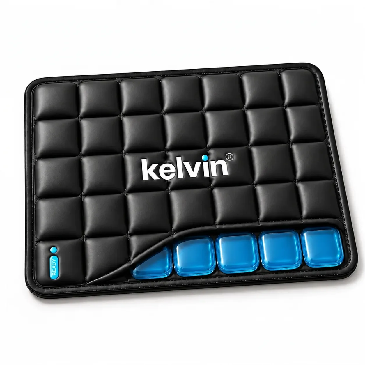 Kelvin® cold therapy compress - quilted black sport-grade flex-shell, photographed on warm linen