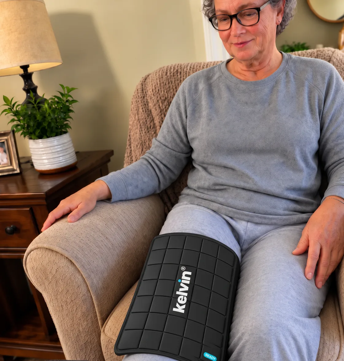 Kelvin® pad worn on a knee at home in an armchair
