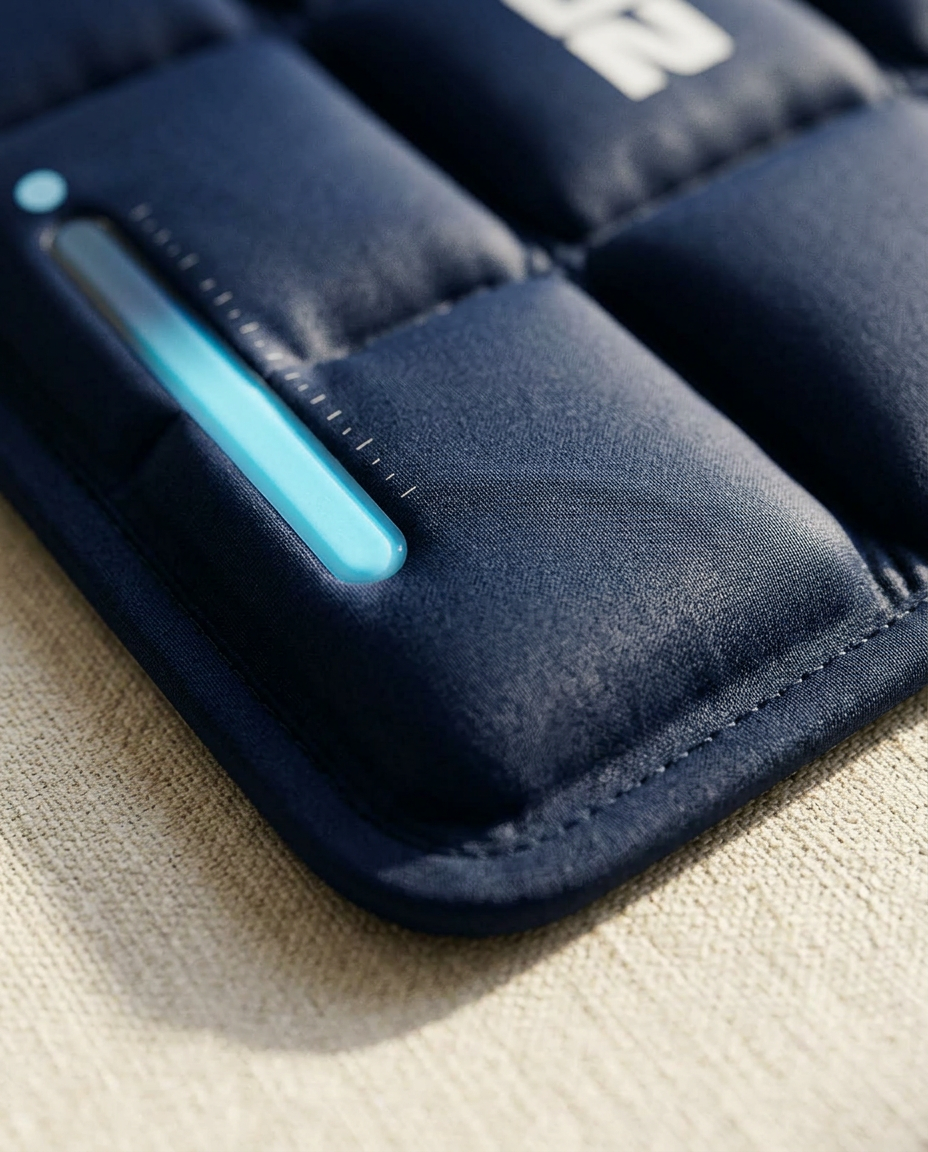 Detail of the quilted navy wrap